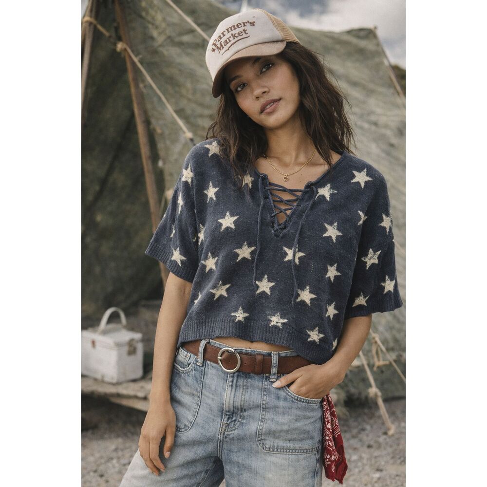 Denim & Supply Ralph Lauren Womens Star-Print Short Sleeves Pullover Sweater S